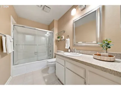 Staged bathroom in a home staged by Willow & Fern