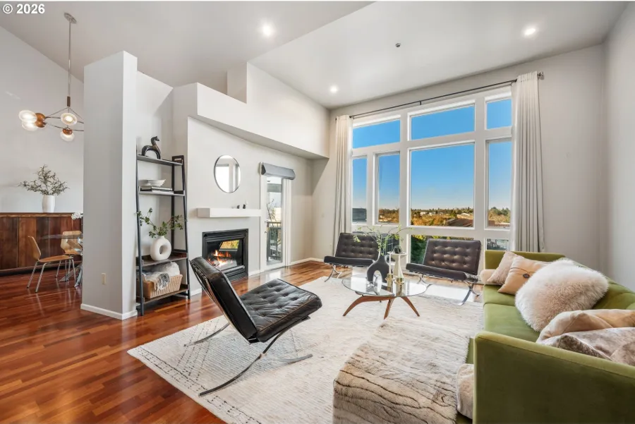 Penthouse condo living room staged by Willow & Fern with a textured rug, curated decor and city views through tall windows